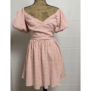 Mustard Seed Womens Dress M Pink Gingham Puff Sleeve Cottagecore Milkmaid Ruched